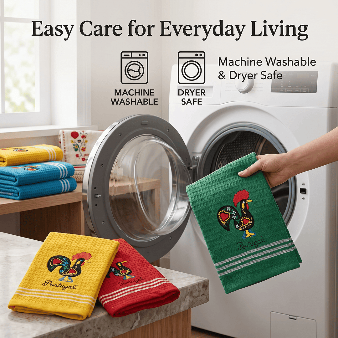 Honeycomb Embroidered Portuguese Rooster Dish Towels Set of 4