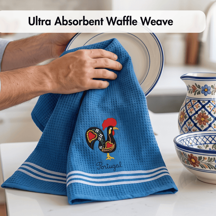 Honeycomb Embroidered Portuguese Rooster Dish Towels Set of 4