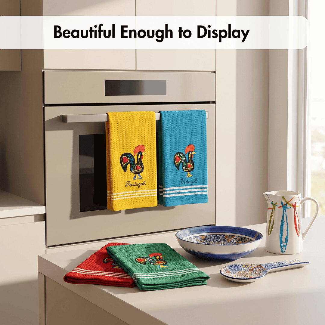 Honeycomb Embroidered Portuguese Rooster Dish Towels Set of 4