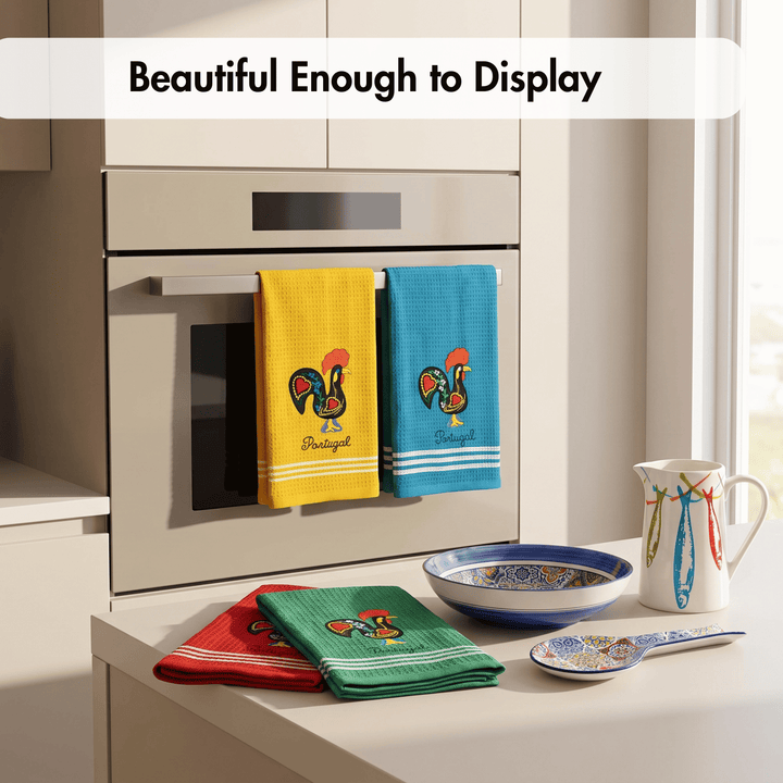 Honeycomb Embroidered Portuguese Rooster Dish Towels Set of 4