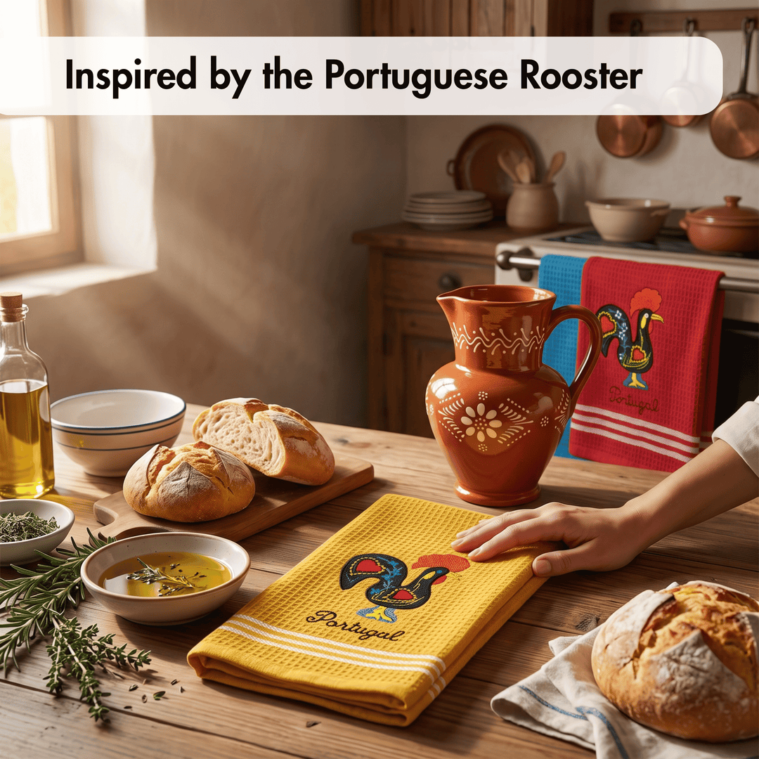 Honeycomb Embroidered Portuguese Rooster Dish Towels Set of 4