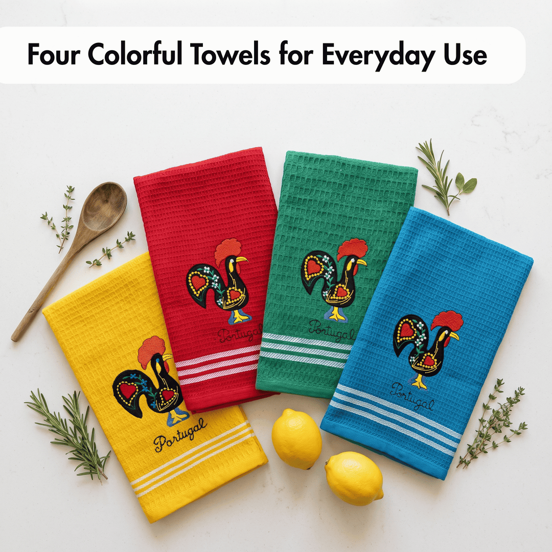 Honeycomb Embroidered Portuguese Rooster Dish Towels Set of 4