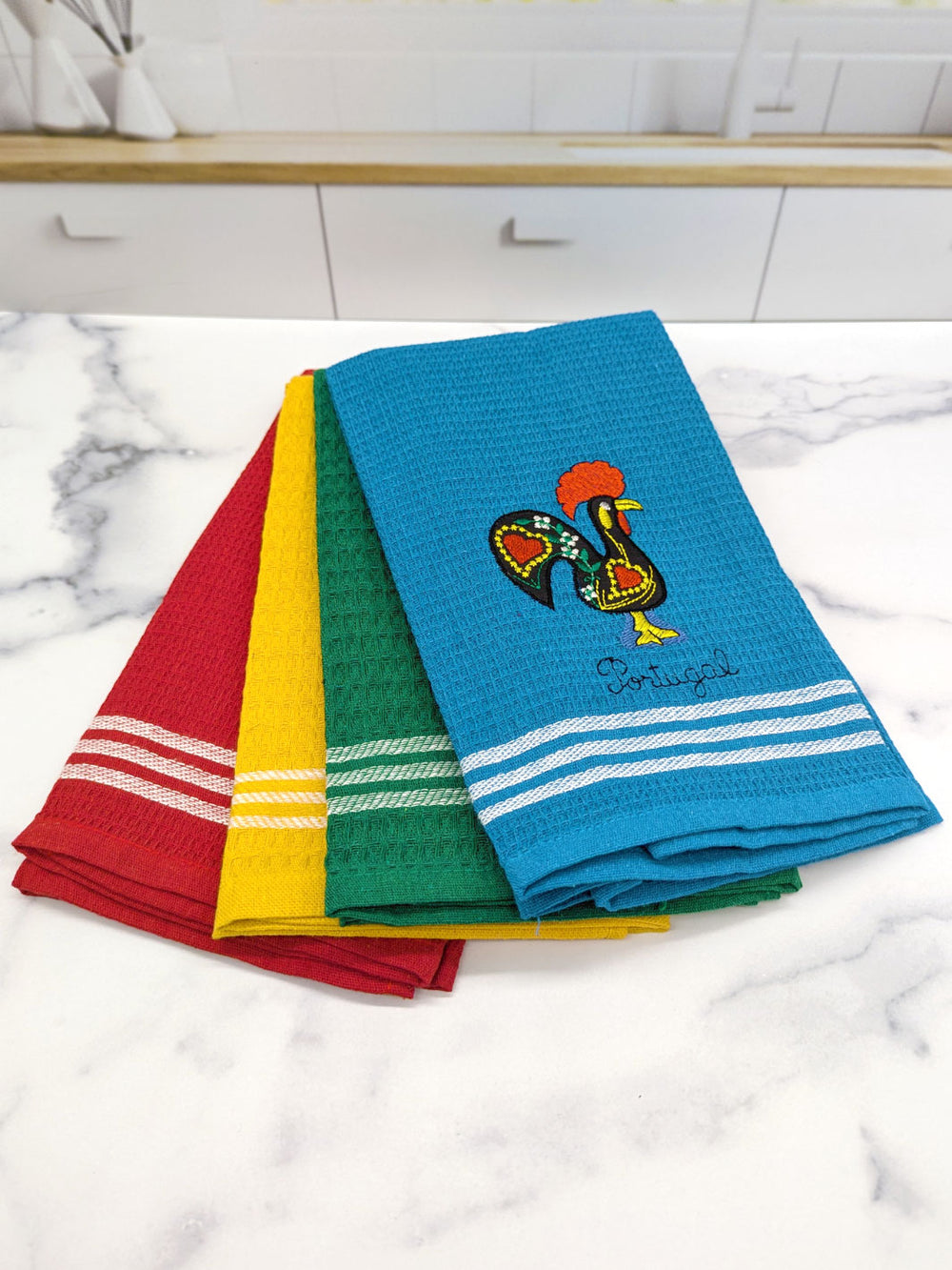 Honeycomb Embroidered Portuguese Rooster Dish Towels Set of 4