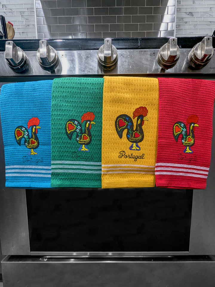 Honeycomb Embroidered Portuguese Rooster Dish Towels Set of 4