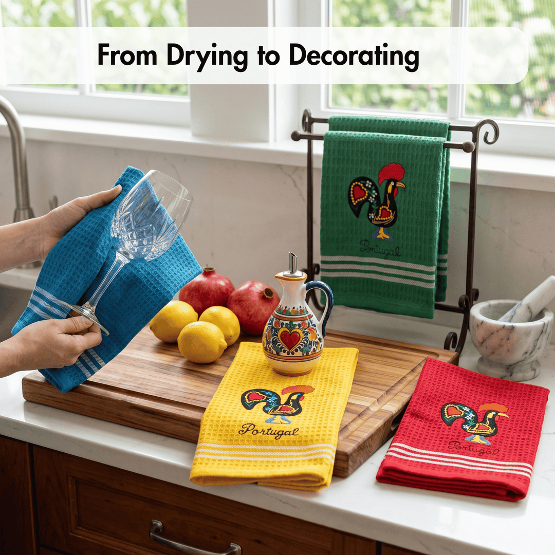 Honeycomb Embroidered Portuguese Rooster Dish Towels Set of 4