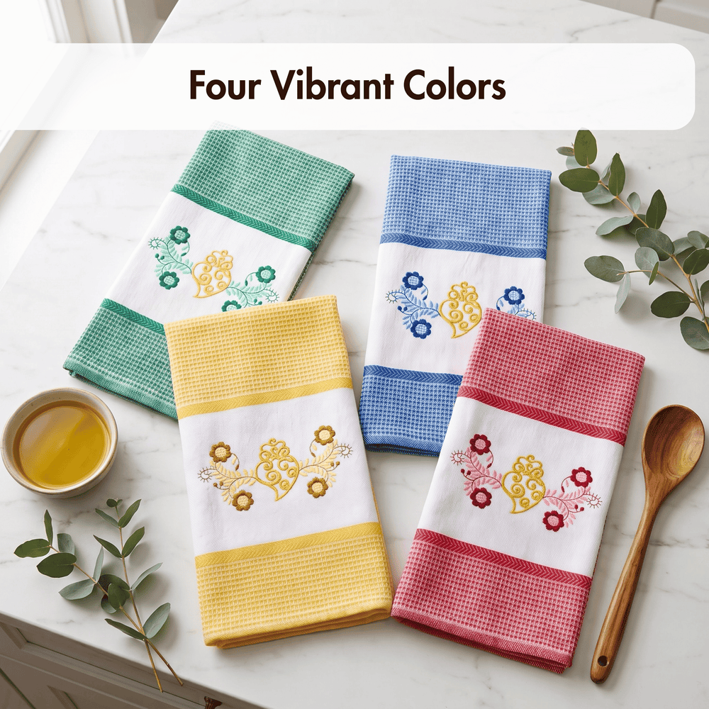 Honeycomb Embroidered Viana's Heart Dish Towels Set of 4