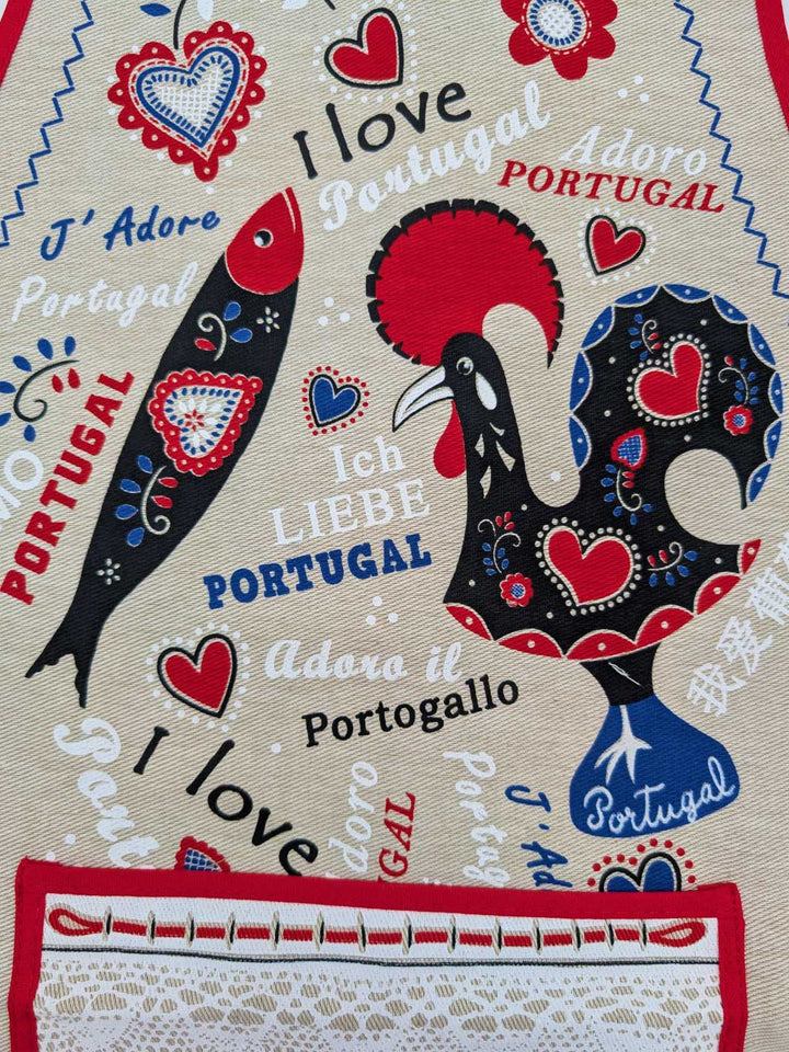 Decorative fabric with Portuguese-themed designs and text on a beige background.