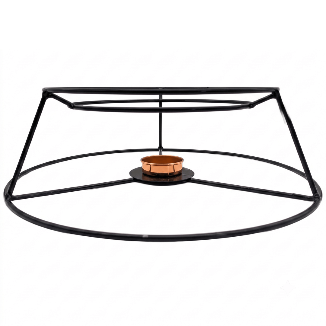 A black metal candle holder frame with a circular base and top ring, holding a small copper-colored candle in the center, shown on a plain white background.