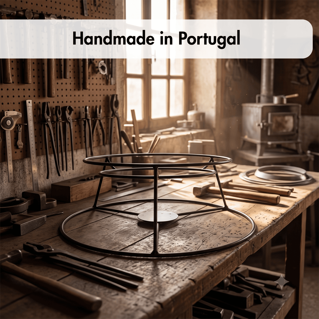 A metal circular stand or rack made from black metal pipes sits on a rustic wooden workbench inside a warm, sunlit workshop. Tools hang on the wall behind it, and a stove is visible in the background.