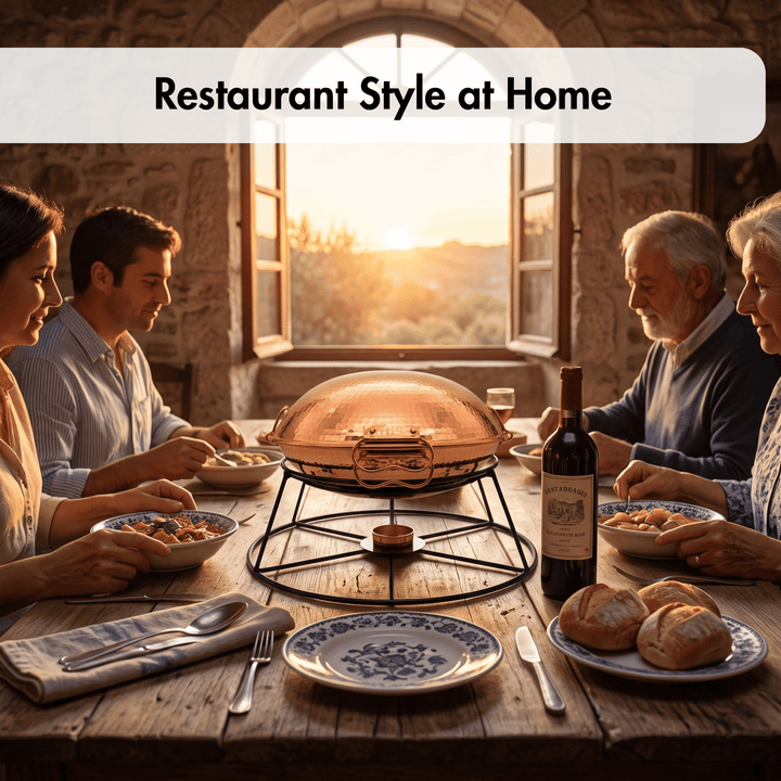 A family dining together around a rustic wooden table in a stone room, with a copper dome chafing dish in the center, plates, bread, a wine bottle, and the text &