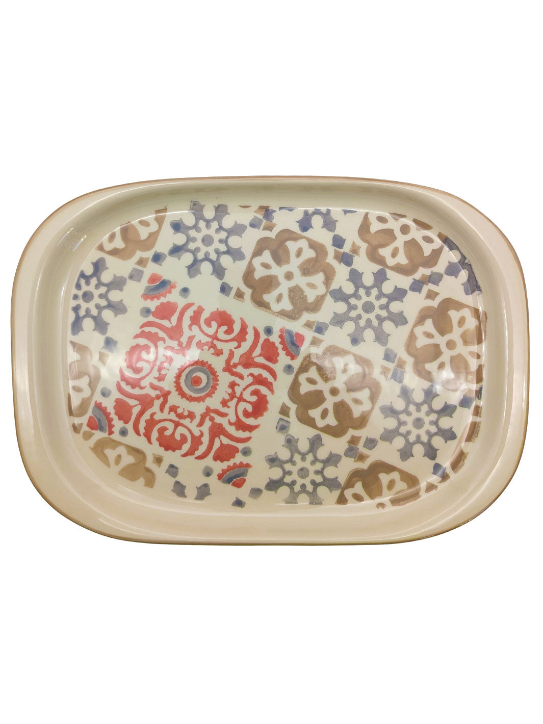 Rectangular ceramic tray with floral pattern on a white background