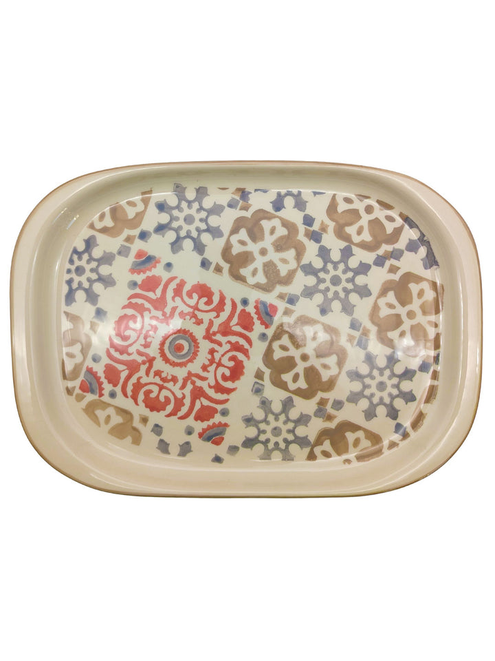 Rectangular ceramic tray with floral pattern on a white background