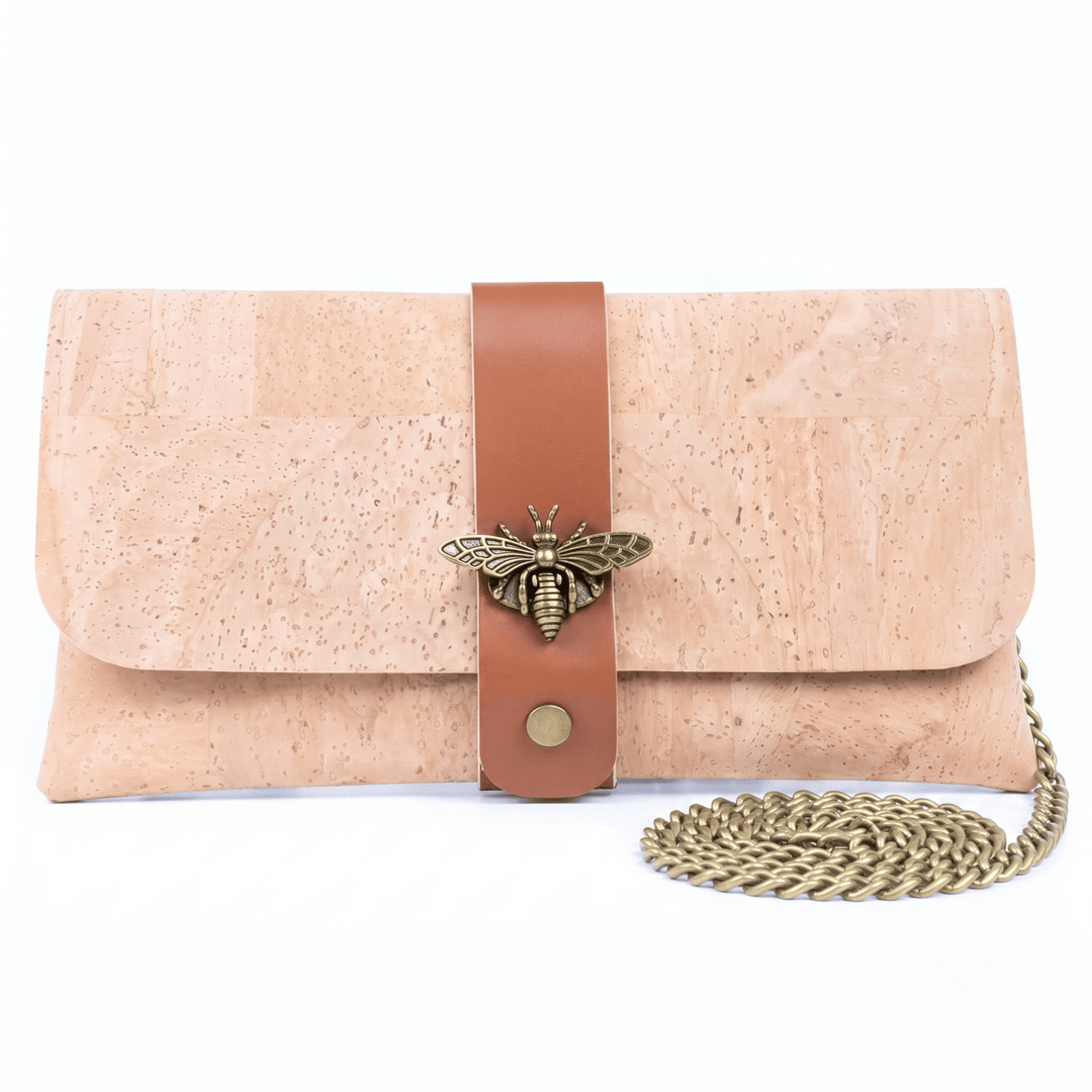 
Natural Cork Crossbody Purse with Chain Strap & Bee Charm
