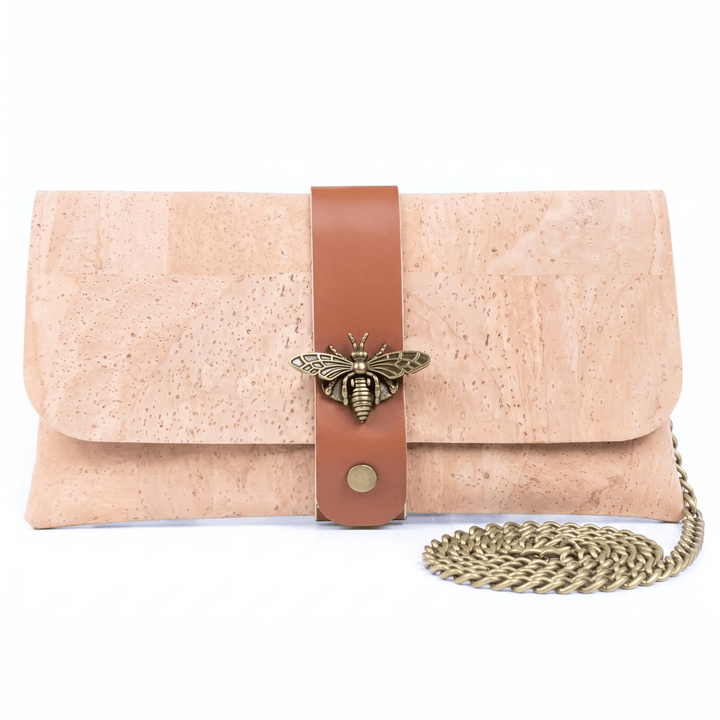 
Natural Cork Crossbody Purse with Chain Strap & Bee Charm
