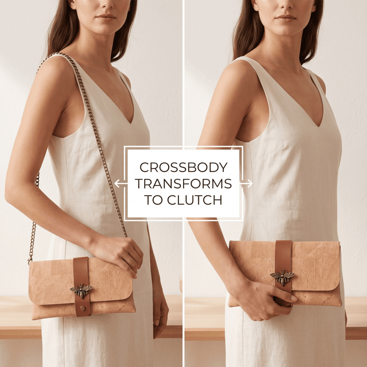 
Natural Cork Crossbody Purse with Chain Strap & Bee Charm
