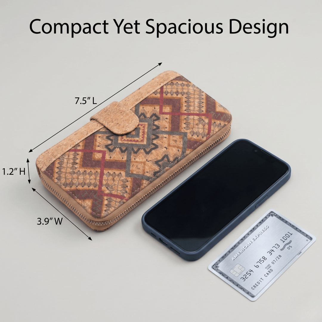 Cork wallet with geometric pattern next to a smartphone and card, with dimensions indicated.