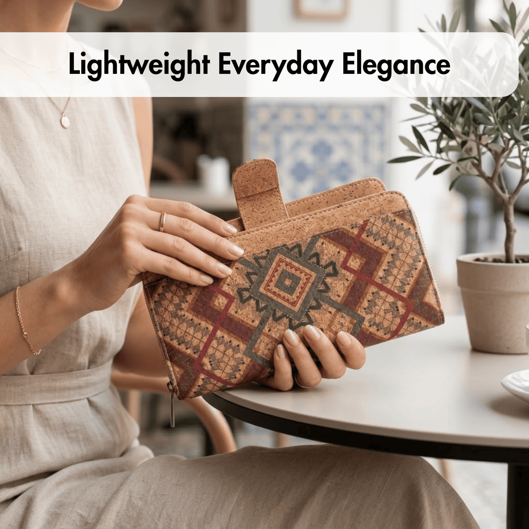 Person holding a patterned clutch with text 'Lightweight Everyday Elegance' in a casual setting.