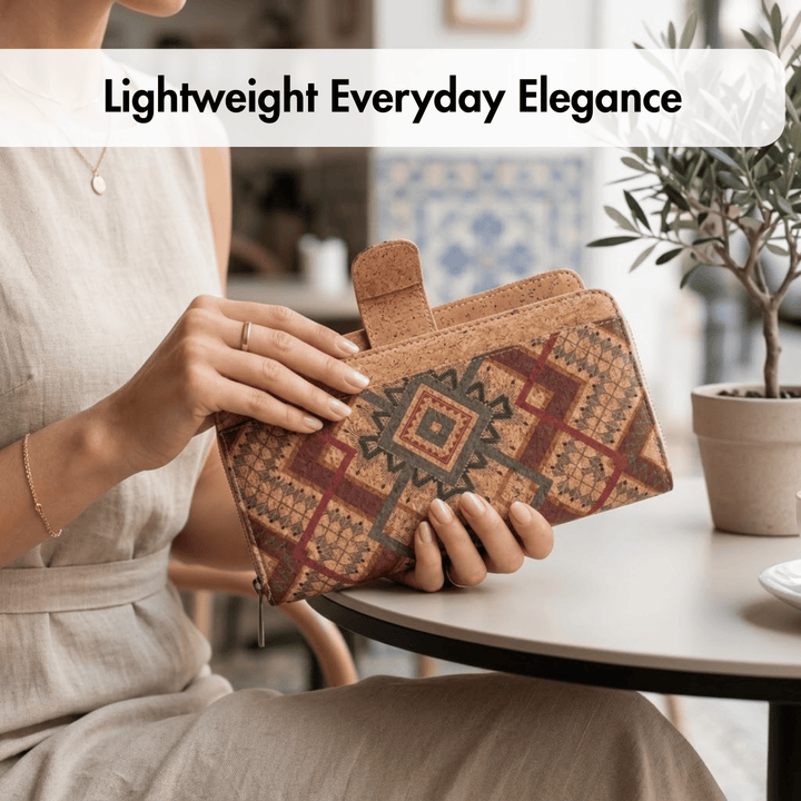 Person holding a patterned clutch with text 'Lightweight Everyday Elegance' in a casual setting.