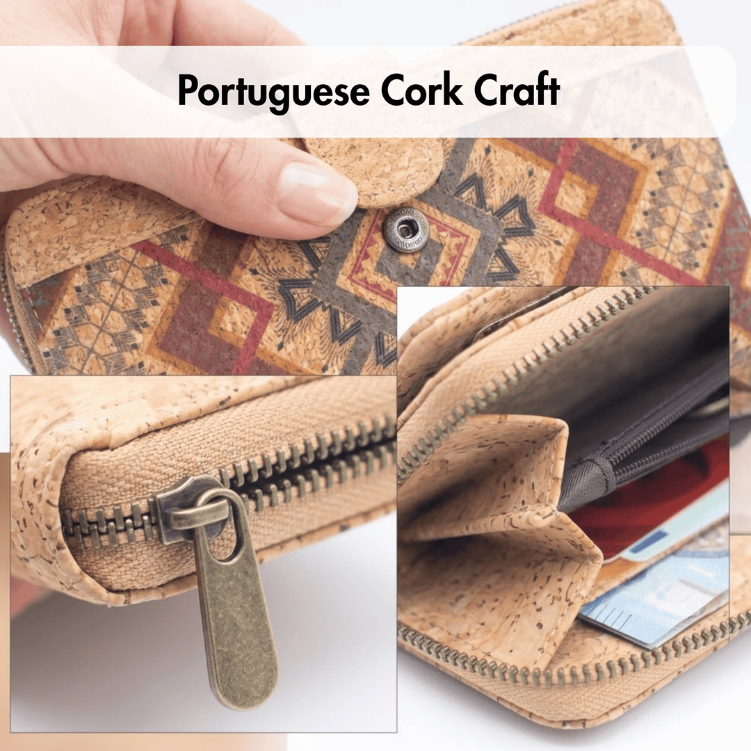 Portuguese cork craft wallet with detailed patterns and a zipper, held by a hand.