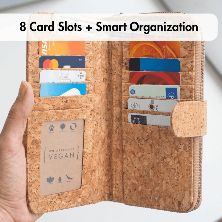 Cork wallet with 8 card slots and smart organization feature, held by a hand.