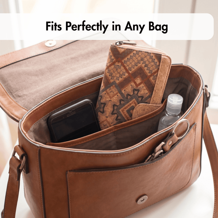 Brown leather bag with phone, cork wallet, and water bottle inside, text 'Fits Perfectly in Any Bag'.