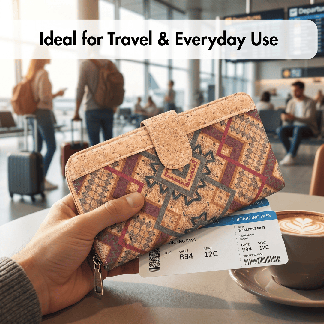 Hand holding a patterned cork wallet with boarding pass and coffee in an airport setting