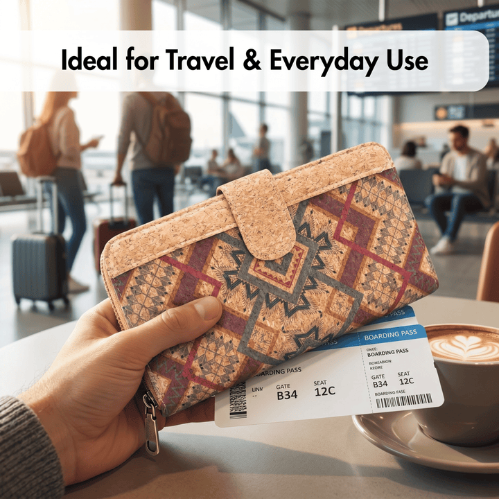 Hand holding a patterned cork wallet with boarding pass and coffee in an airport setting