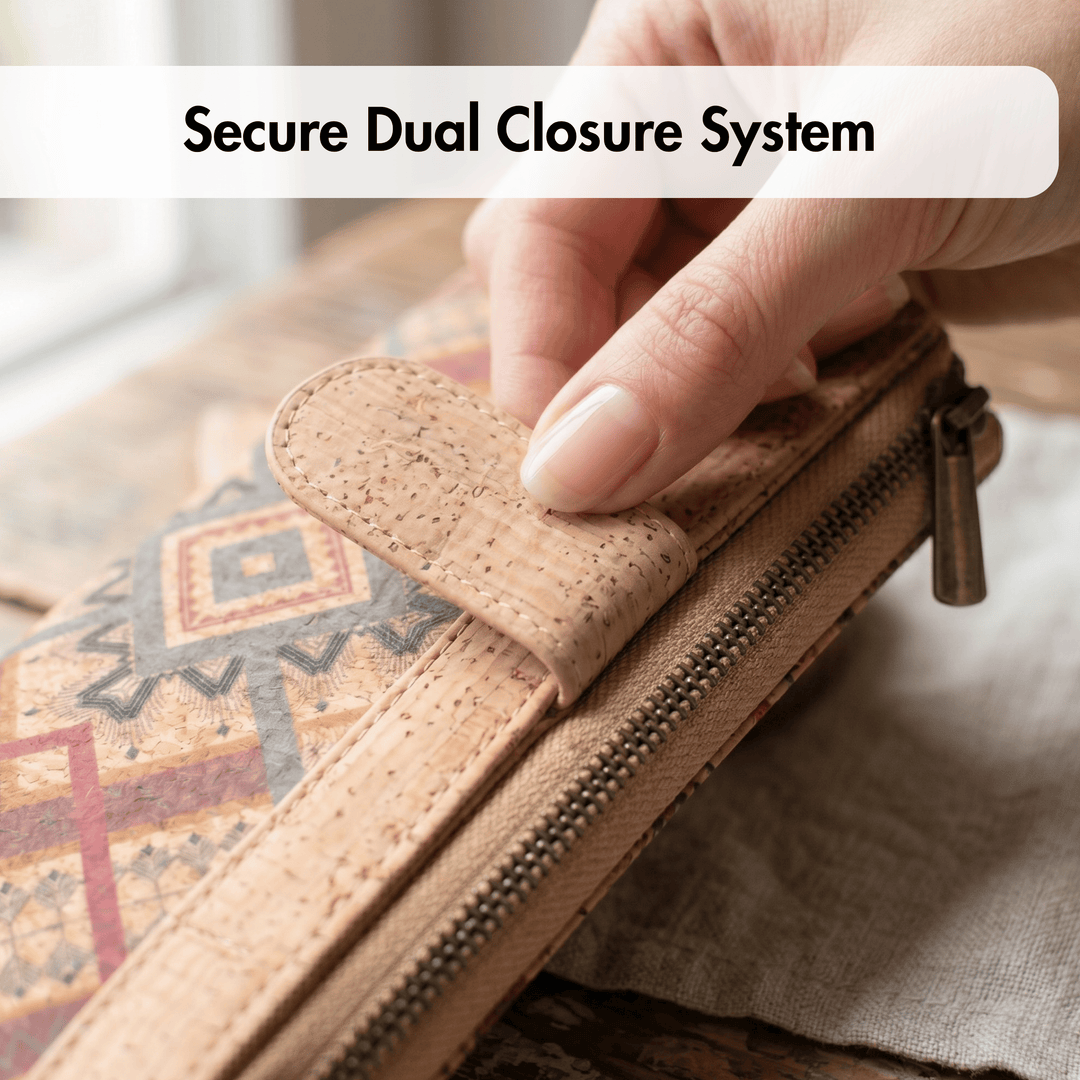 Hand closing a cork wallet with a decorative pattern, emphasizing the 'Secure Dual Closure System'.