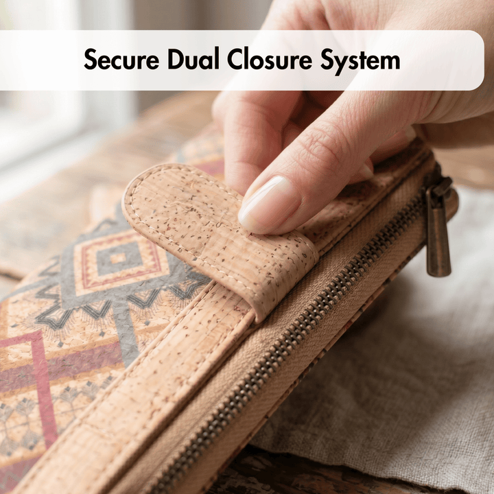 Hand closing a cork wallet with a decorative pattern, emphasizing the 'Secure Dual Closure System'.