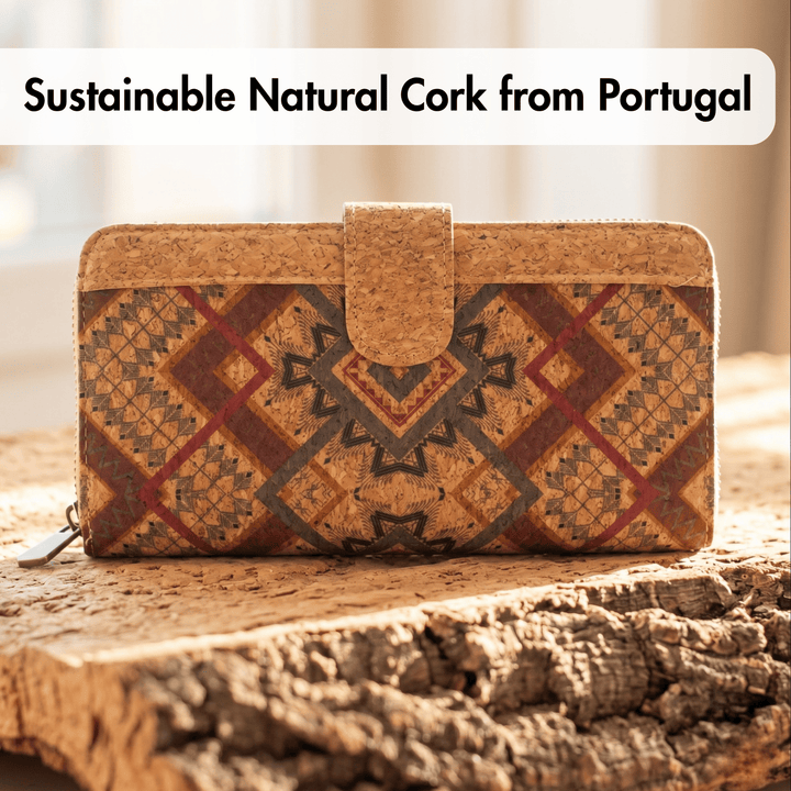 Cork wallet with geometric pattern on a wooden surface, labeled 'Sustainable Natural Cork from Portugal'.