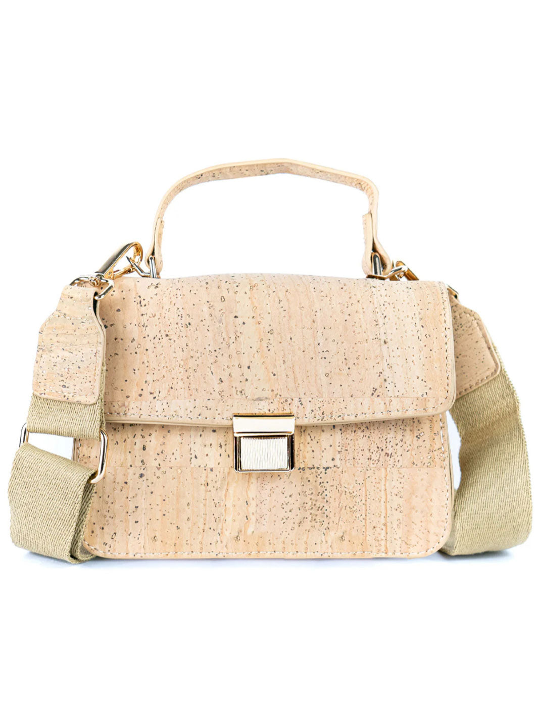 Beige cork handbag with a strap on a white background