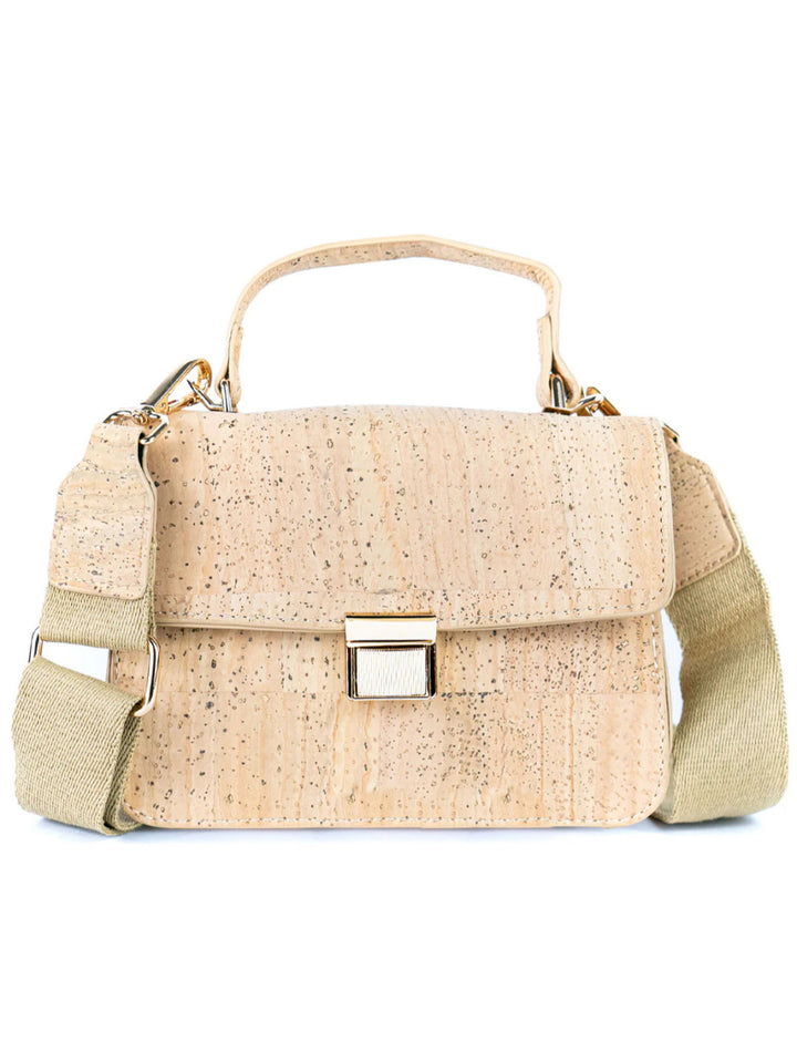 Beige cork handbag with a strap on a white background