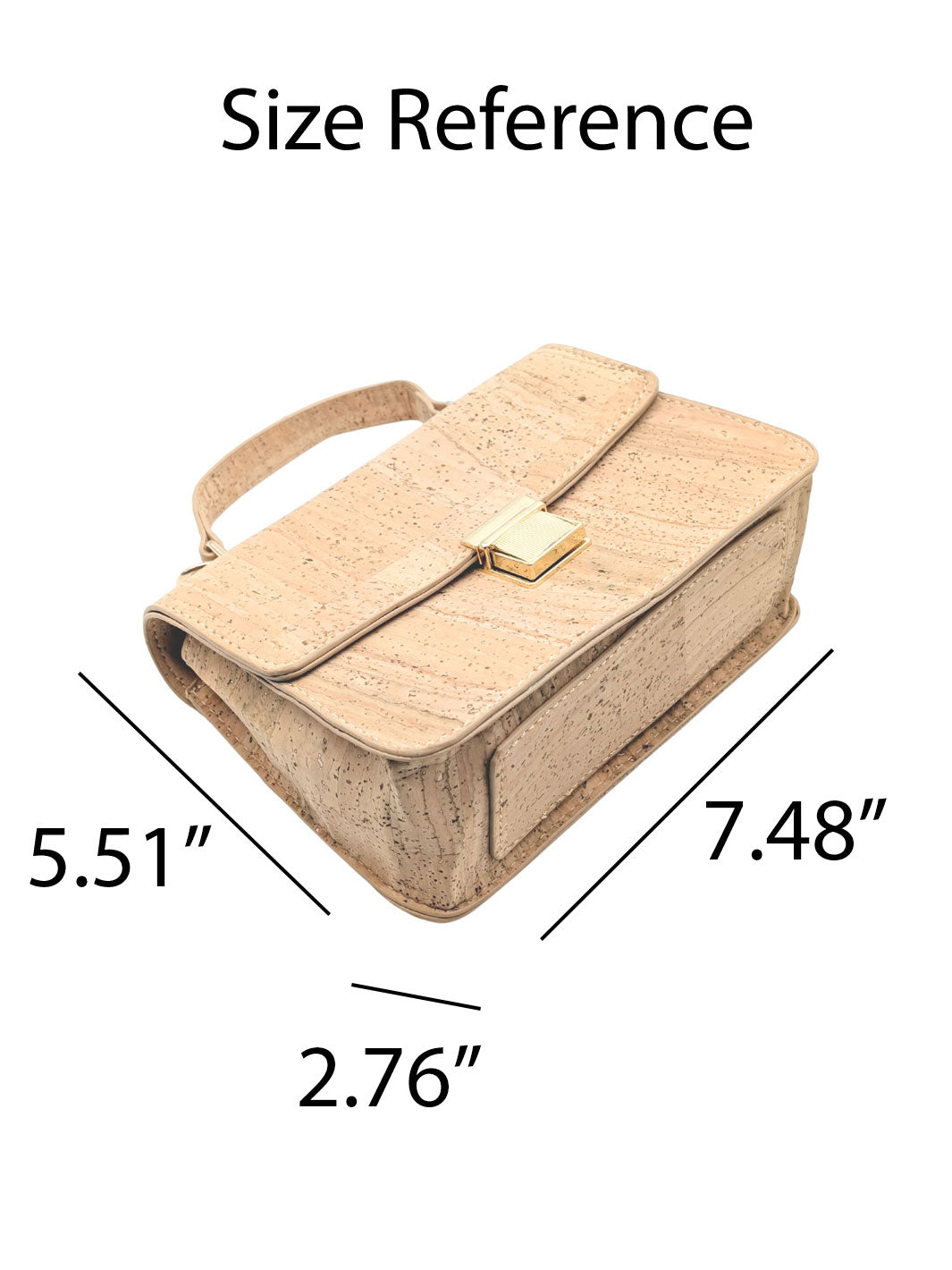Beige handbag with gold clasp and measurements on a white background