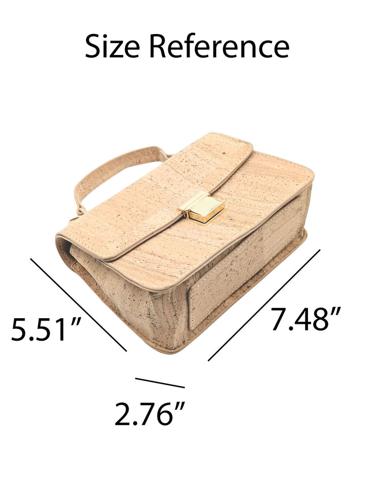Beige handbag with gold clasp and measurements on a white background