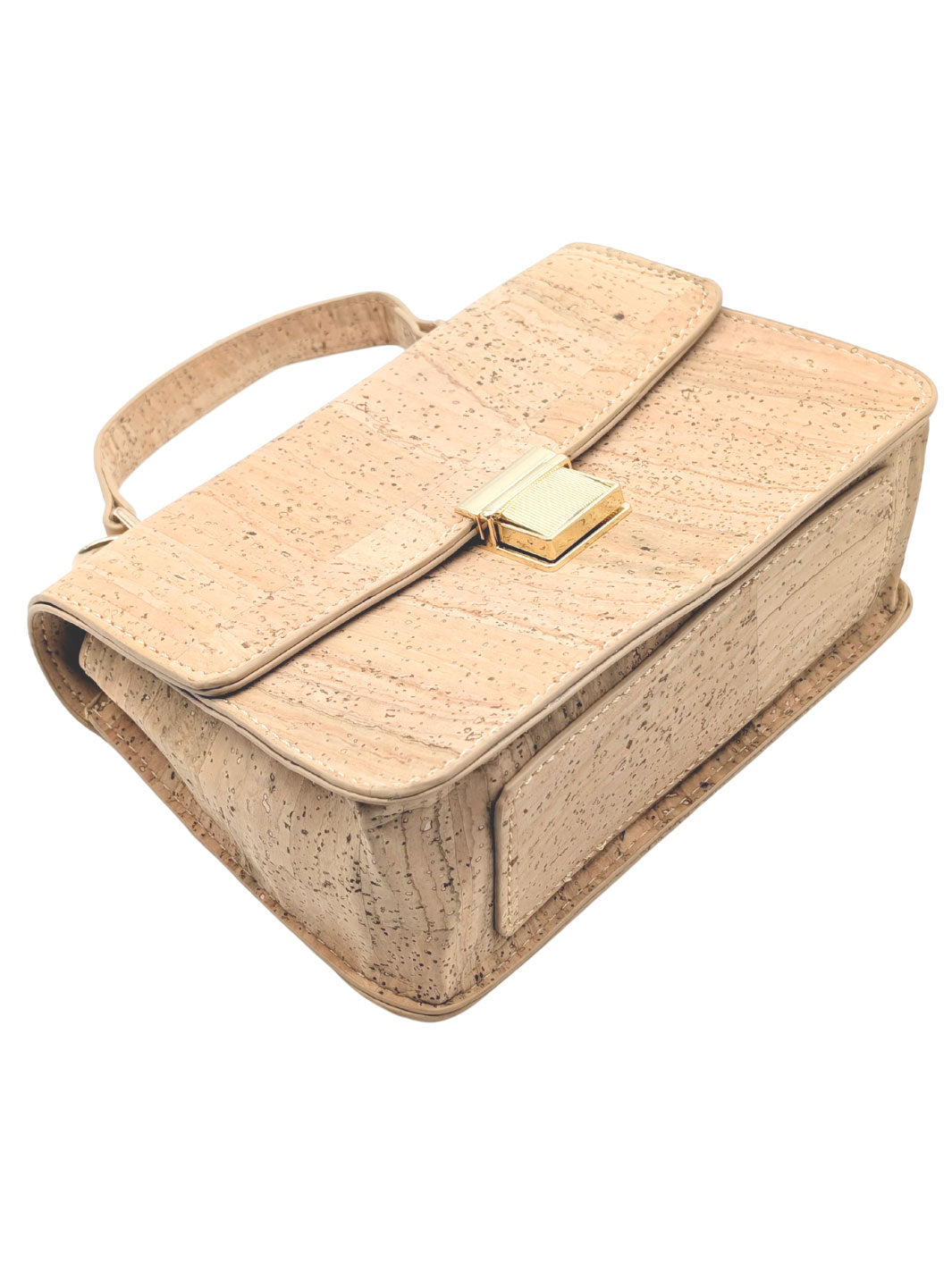 Beige handbag with a gold clasp on a white background