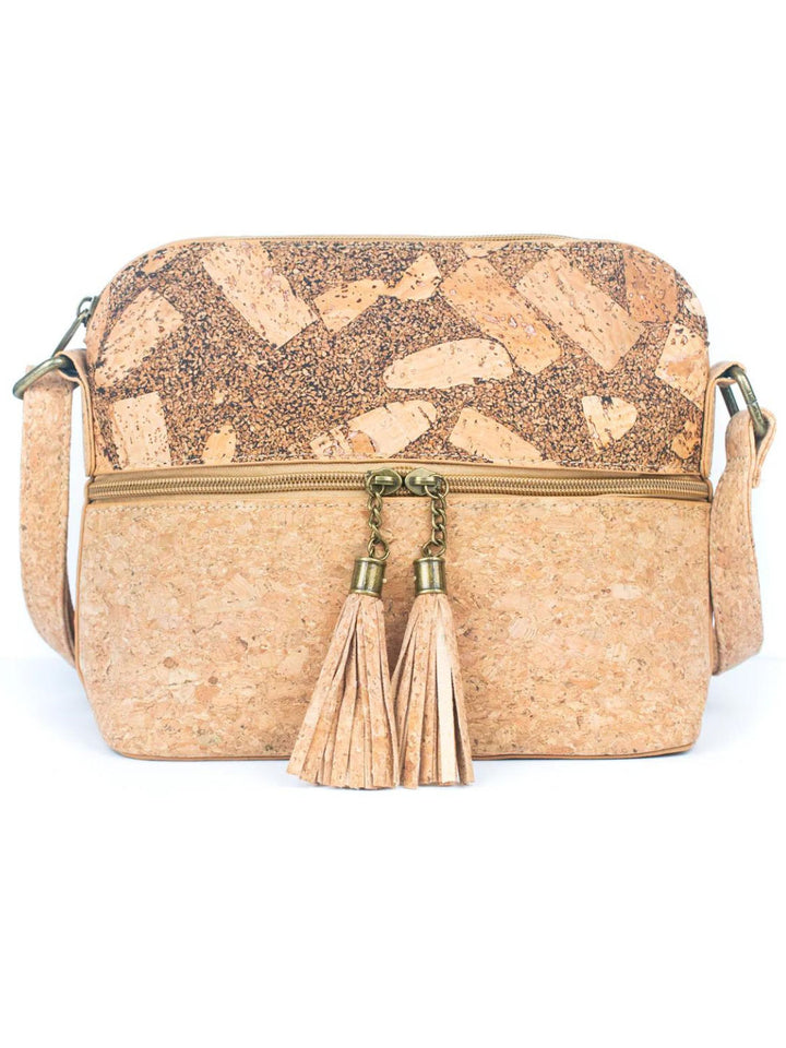 Natural Portuguese Cork Crossbody Bag with Tassel Zip Pocket