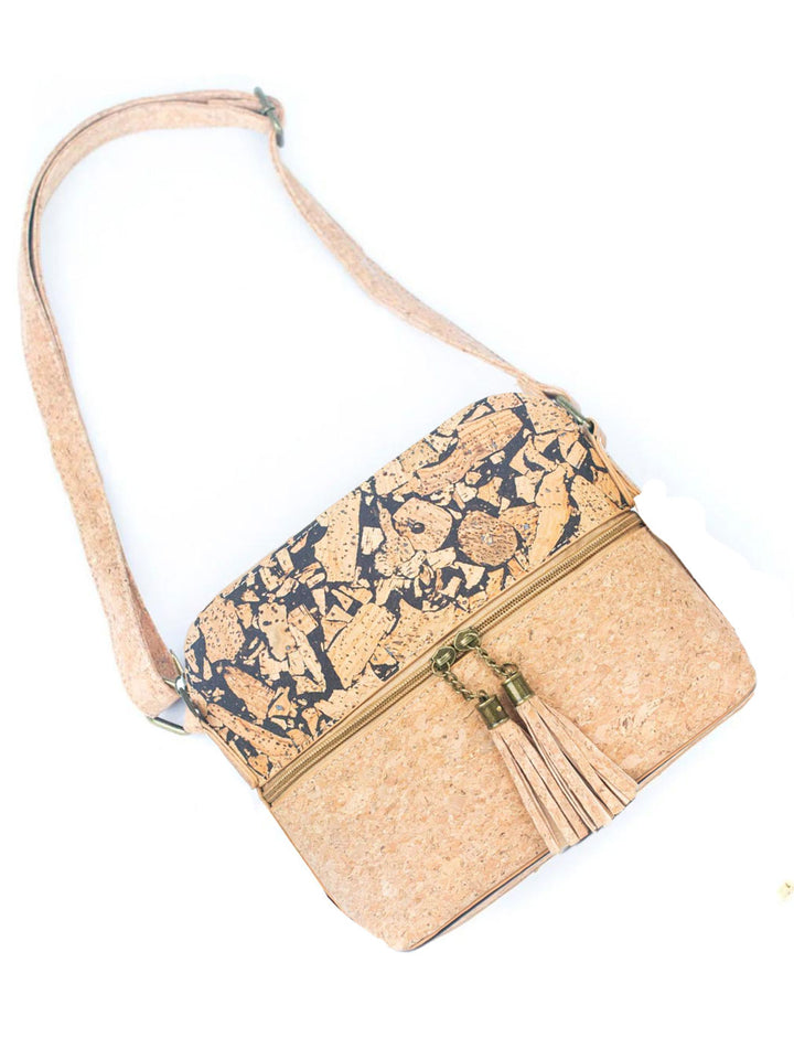 Natural Portuguese Cork Crossbody Bag with Tassel Zip Pocket