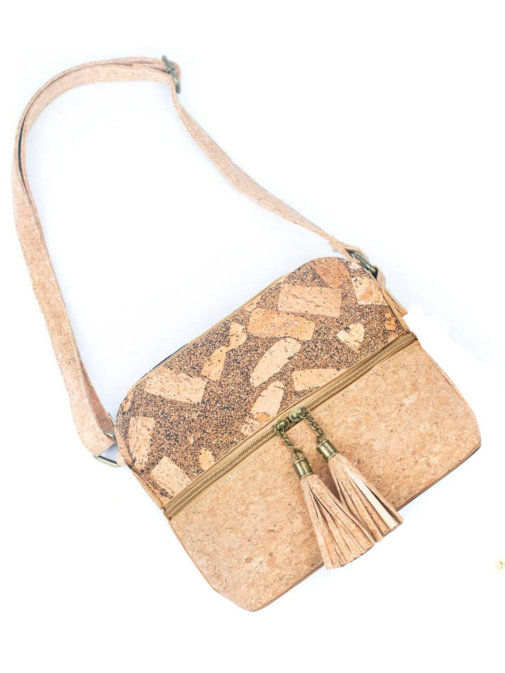 Natural Portuguese Cork Crossbody Bag with Tassel Zip Pocket