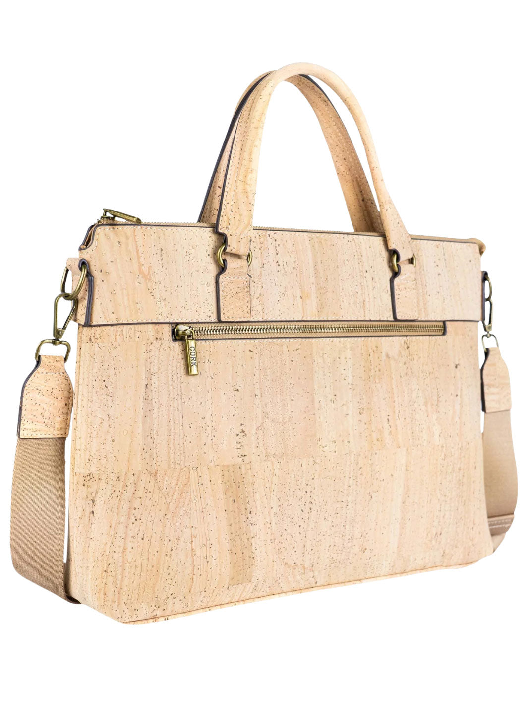 Beige cork handbag with gold zipper on a white background