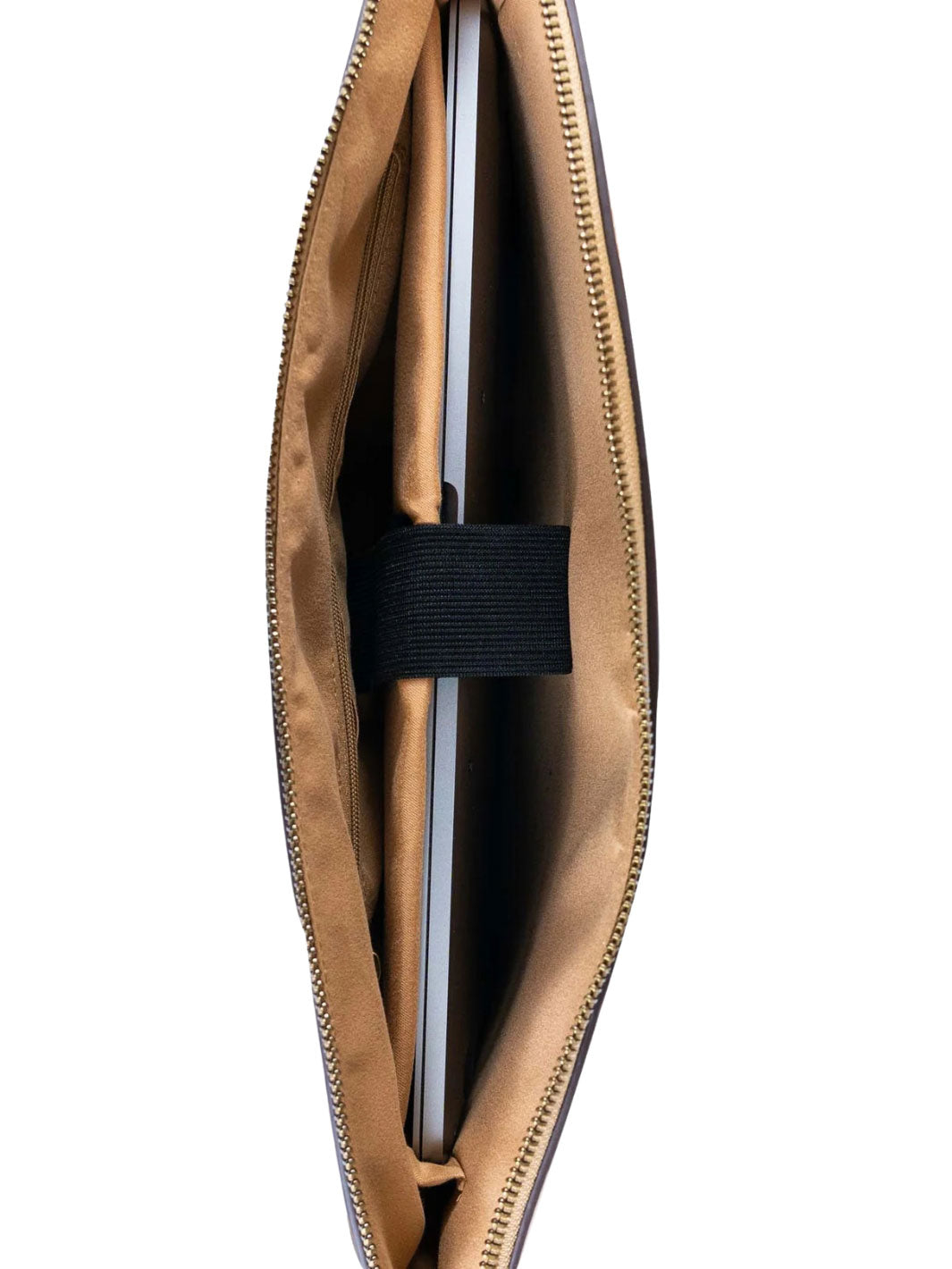 Close-up of a brown leather bag with a black strap on a white background