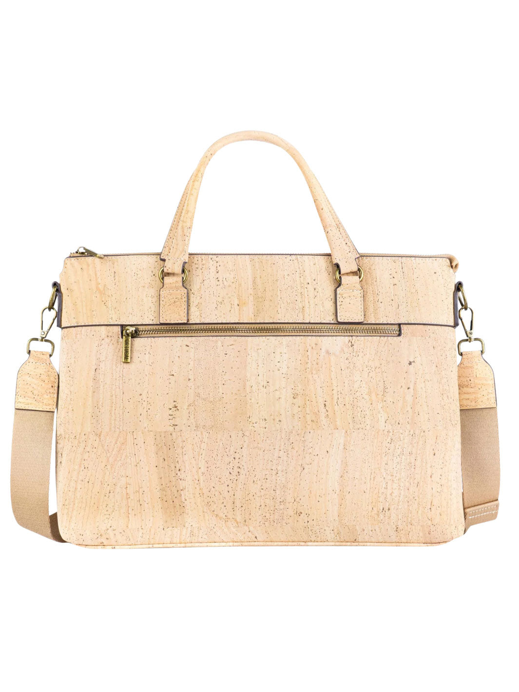 Beige cork handbag with shoulder strap on a white background