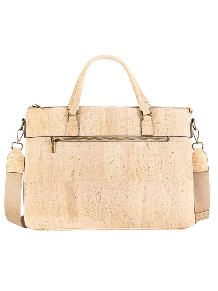Beige cork handbag with shoulder strap on a white background