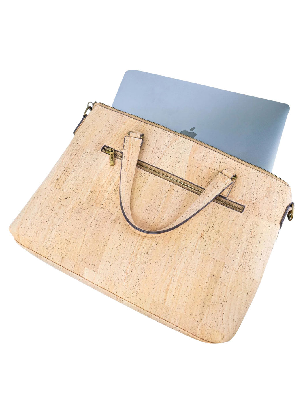 Beige cork laptop bag with a laptop inside on a white background