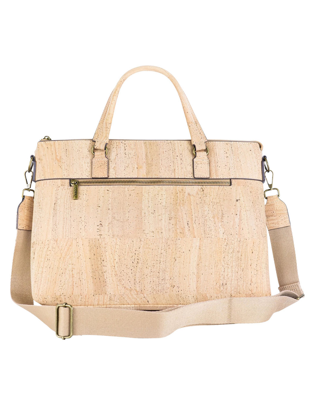 Beige cork handbag with shoulder strap on a white background