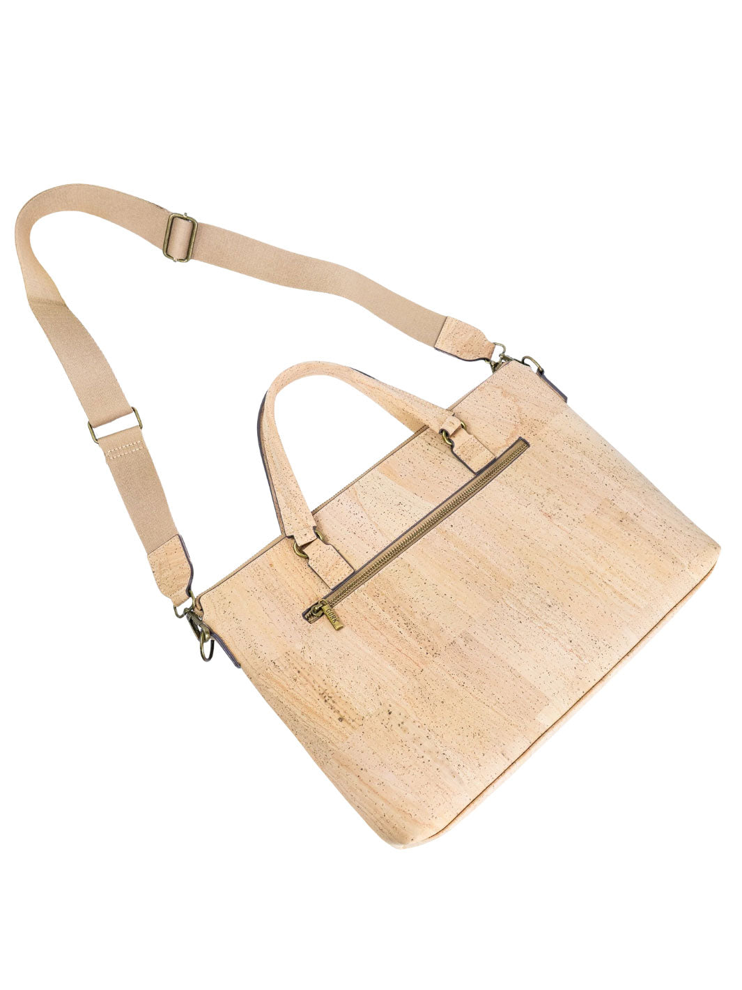 Beige cork handbag with a shoulder strap on a white background