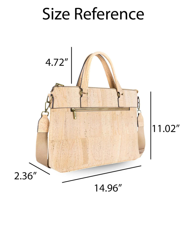 Beige handbag with dimensions labeled on a white background