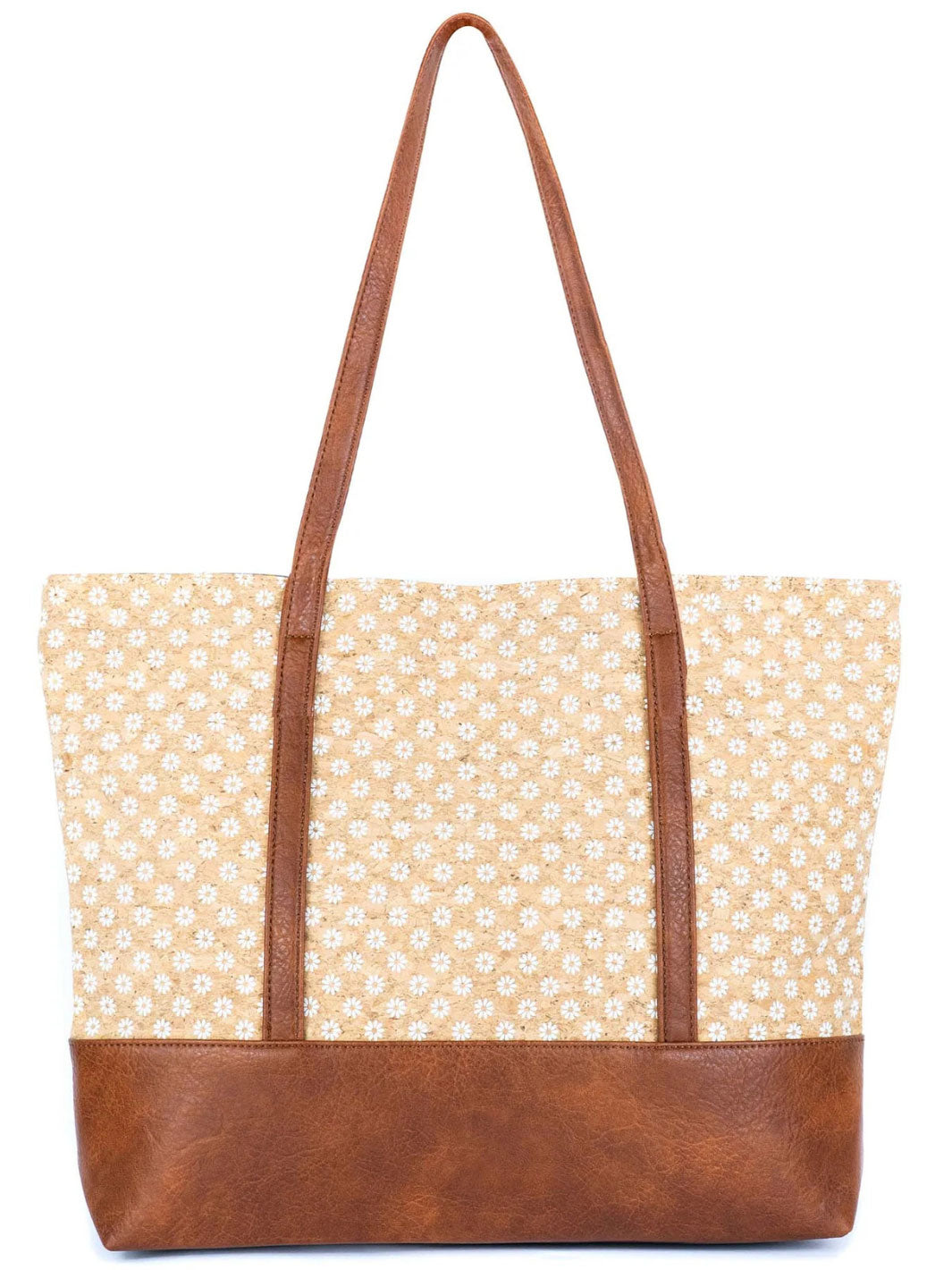 Tote bag with floral pattern and brown leather accents on a white background