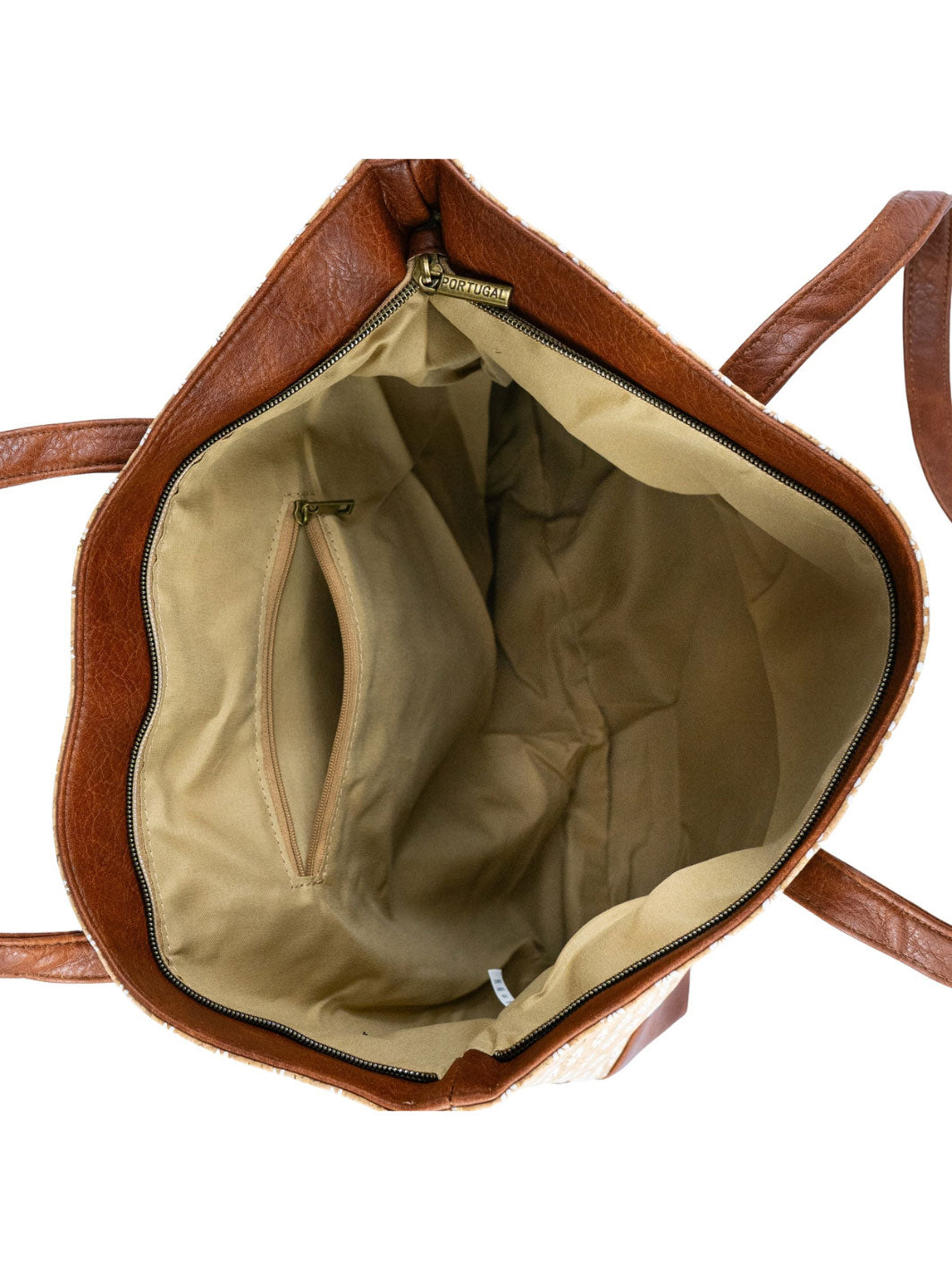 Brown leather handbag with beige interior on a white background