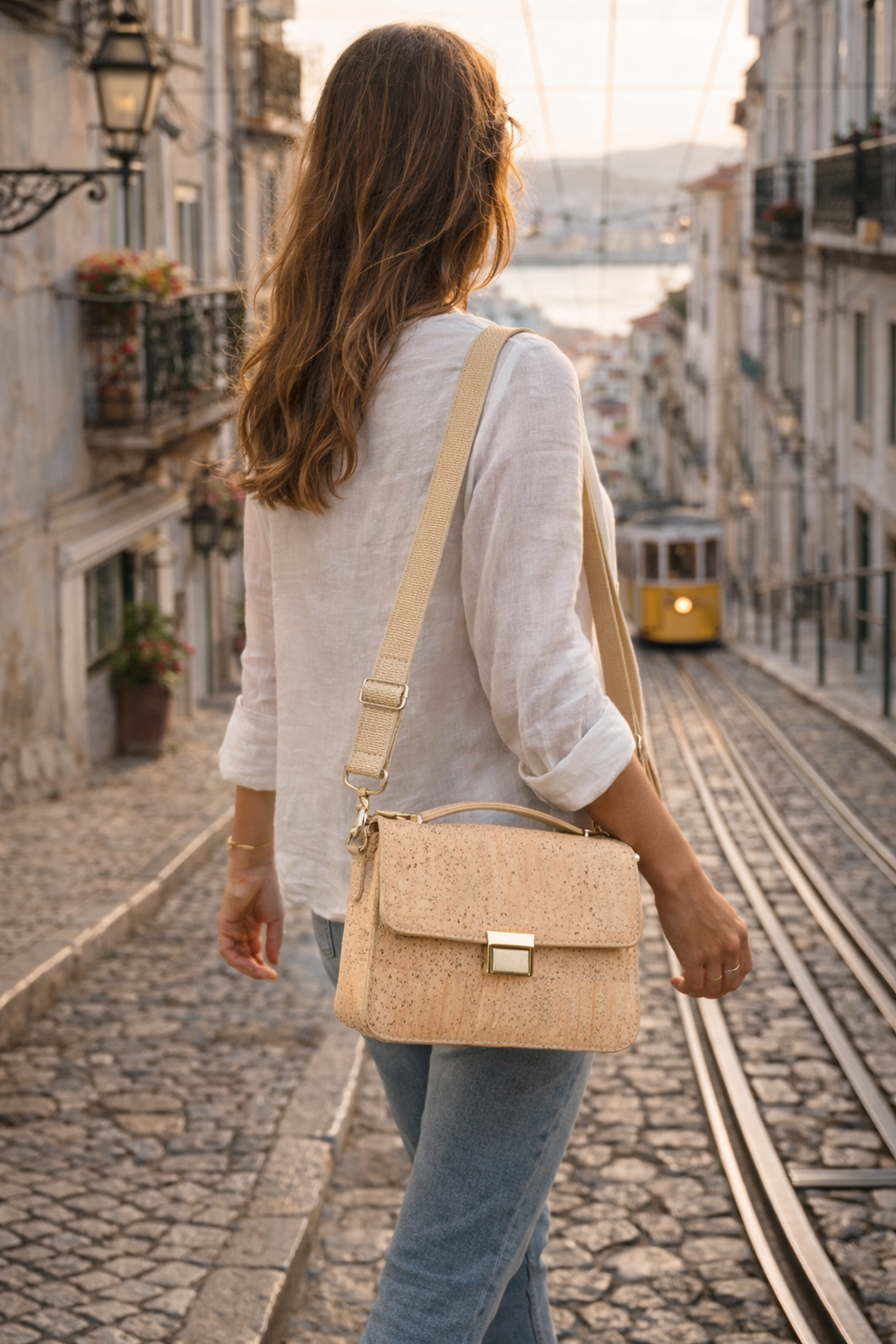 Woman walking down a cobblestone street with a cork handbag