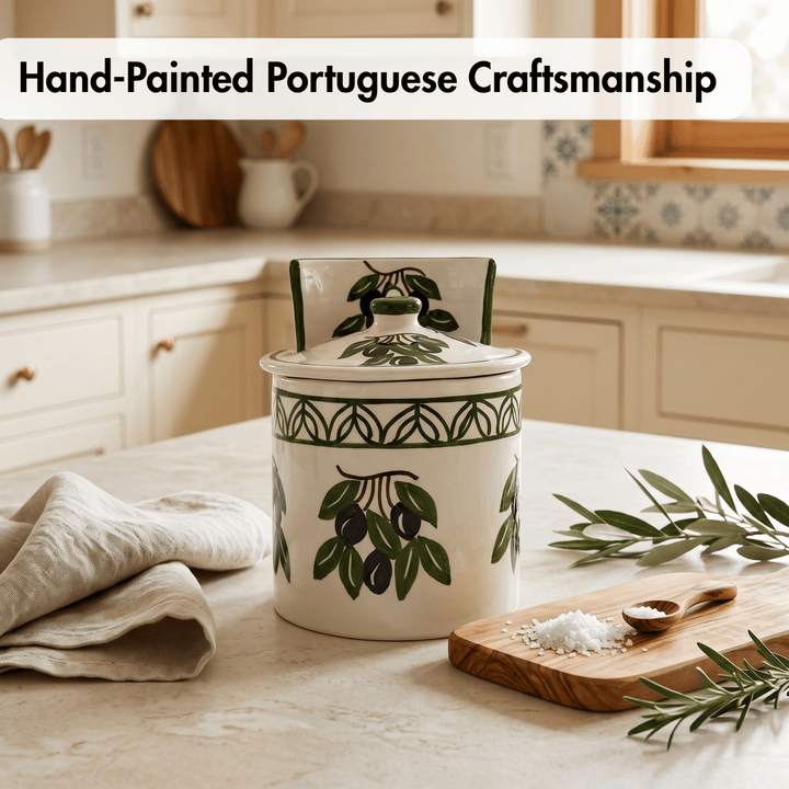 A hand-painted ceramic canister with a lid, decorated with green olive branches and black olives on a cream background, set on a kitchen counter next to a wooden cutting board and olive leaves.